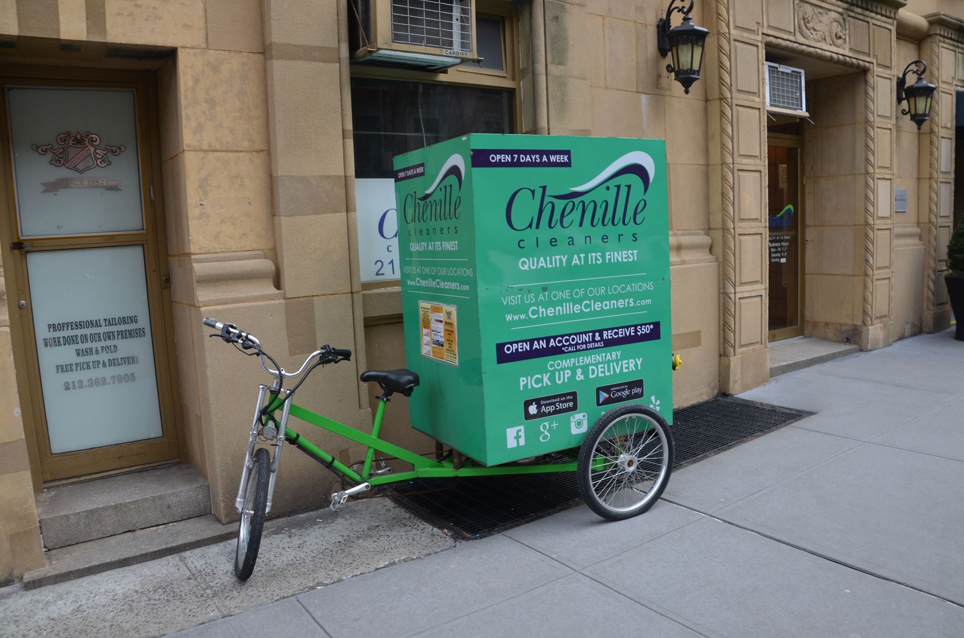 Parked tricycle for picking up dry cleaning